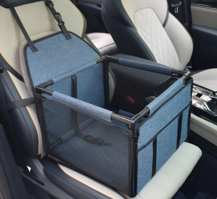BuddyMutt elevated dog booster car seat in Navy Blue, installed on a car seat