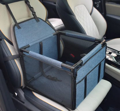 BuddyMutt elevated dog booster car seat in Navy Blue, installed on a car seat