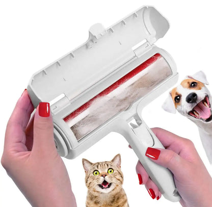 Reusable pet hair remover roller with self-cleaning base