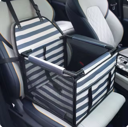 BuddyMutt elevated dog booster car seat in Stripes, installed on a car seat