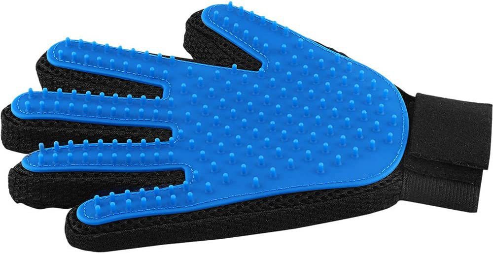 BuddyMutt pet grooming glove in blue with soft silicone tips on a black mesh backing