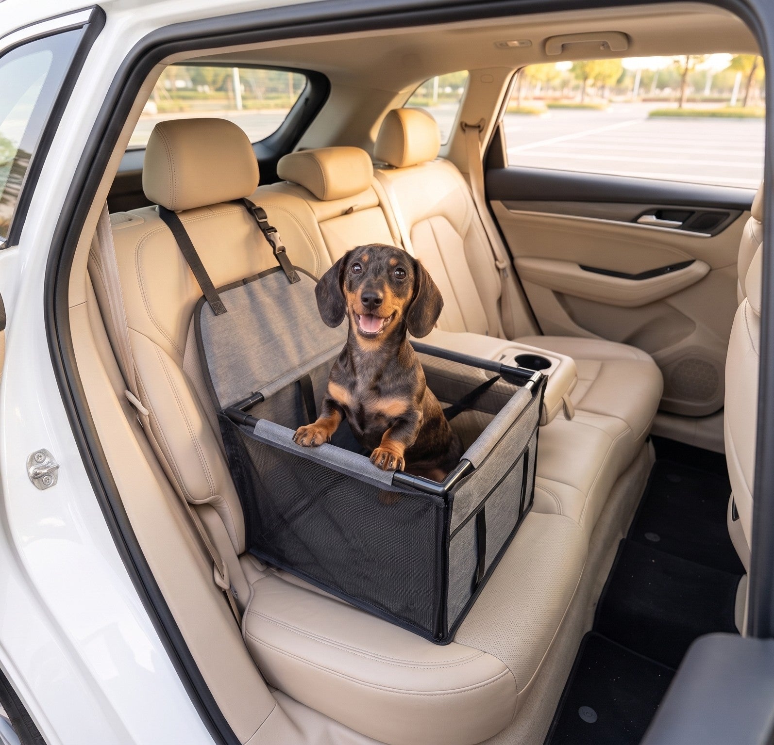 Dachshund enjoying the elevated dog car booster seat